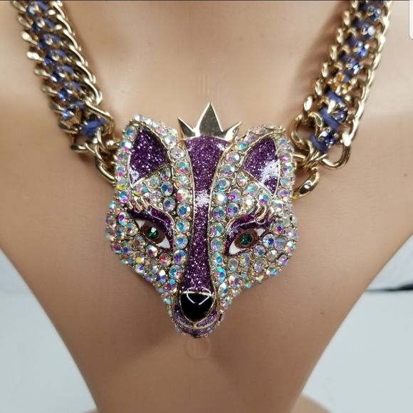 BETSEY JOHNSON PURPLE CRYSTALS FOX CHUNKY STATEMENT FASHION CHAIN NECKLACE. - Picture 2 of 10